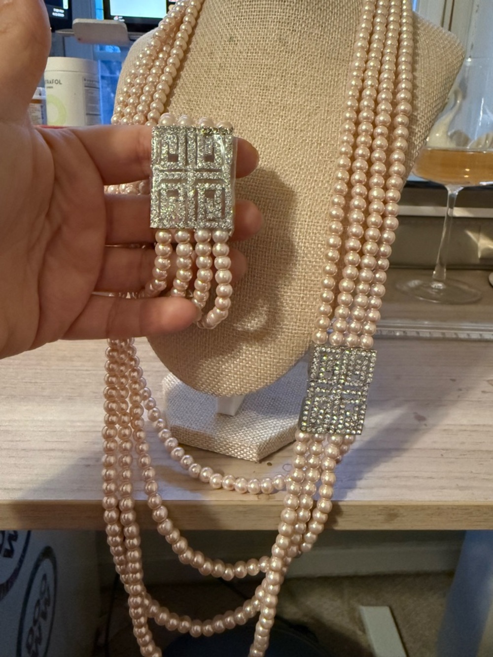 Multi-Strand Pink Pearl Necklace and matching bracelet with Crystal Accents